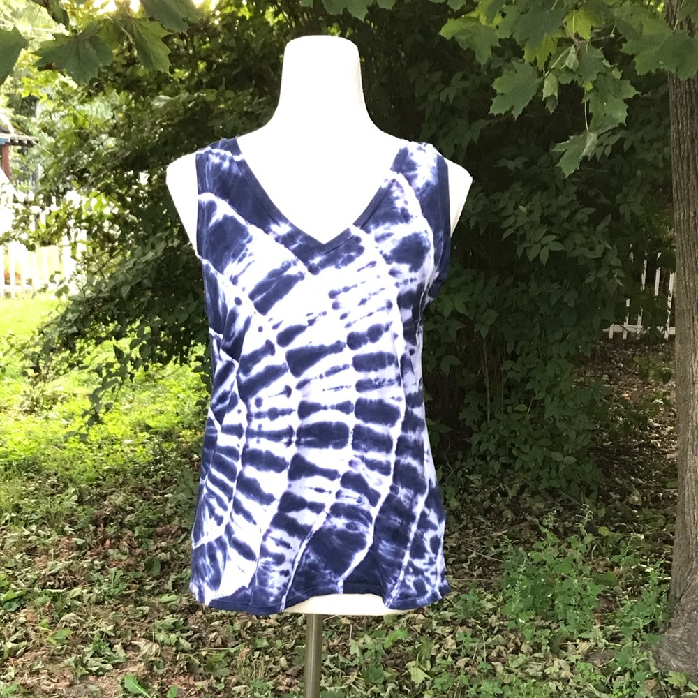 J.Crew Navy And White Tie-Dye V-Neck Sleeveless Top